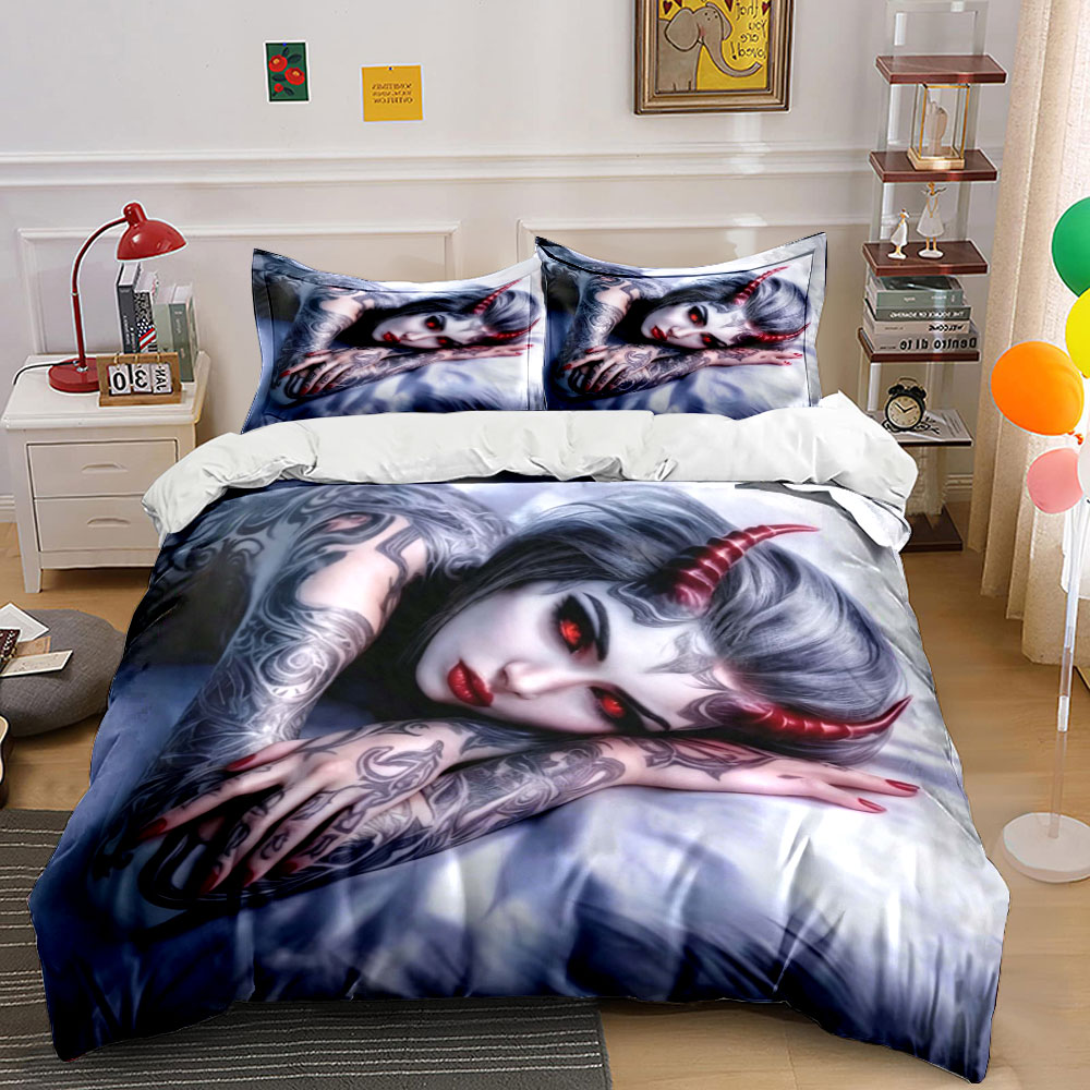 Linen Duvet Cover - Dark Fantasy Demon beddengoedset Gotische bedrukte
